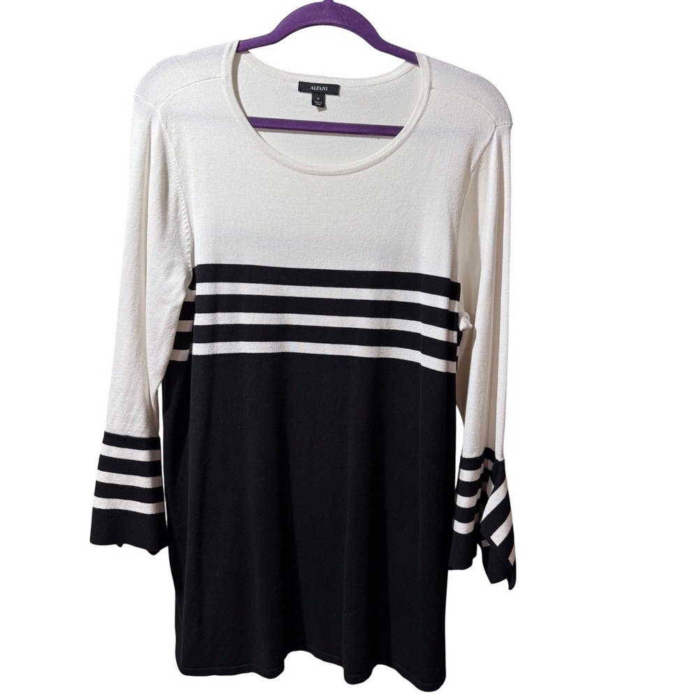 Alfani Women 1X Black‎ White Striped Bell Sleeve Knit Top Plus Whimsical Sweater